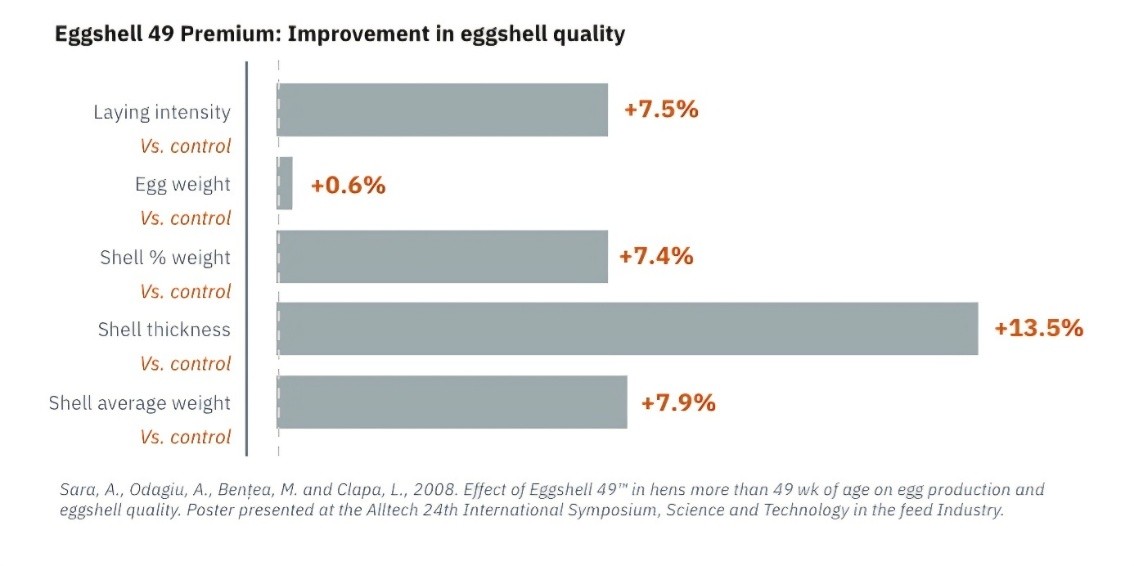 Graphique : amélioration de la qualité de la coquille avec Eggshell 49 Premium par rapport au témoin