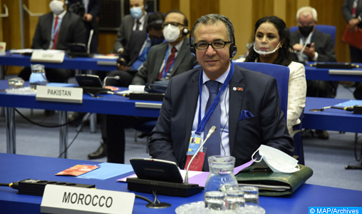 L'ambassadeur du Maroc en Autriche, Azzeddine Farhane, intervient lors de louverture des travaux de la 64ème Conférence générale de lAIEA sous la présidence du Maroc. 21092020  Vienne
