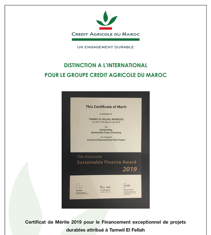 TAMWIL EL FELLAH reçoit le Certificat de Mérite 2019 pour le financement des projets de palmiers dattiers